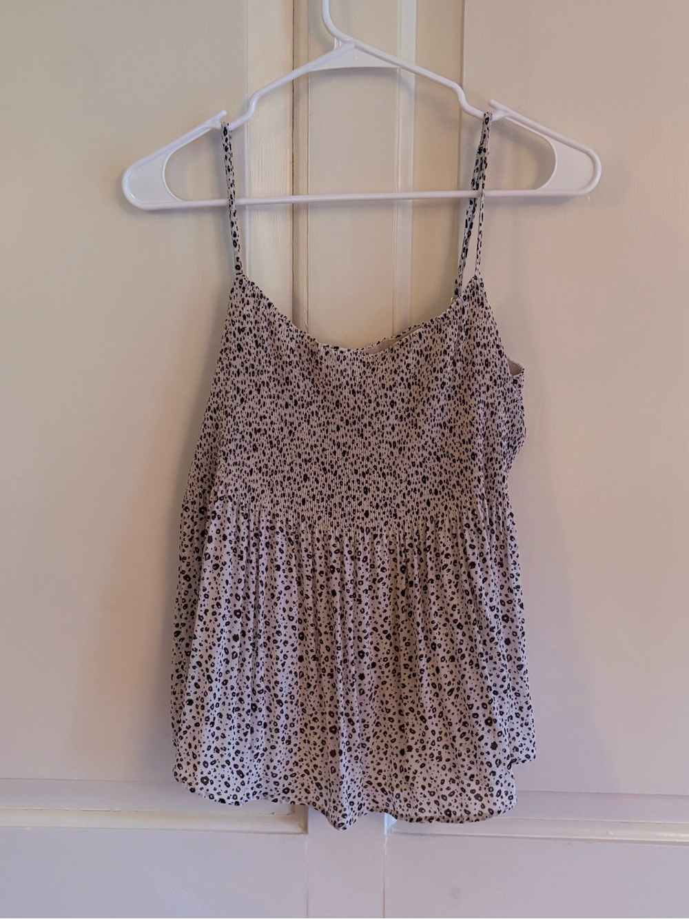 LUSH Black & White Cheetah Animal Print Smocked Babydoll Cami Top